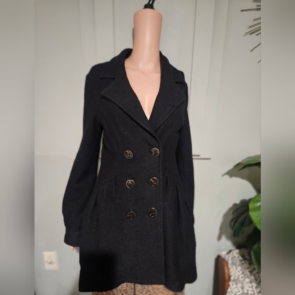 FREE PEOPLE Black Tailored Wool-Blend Double-Breasted Coat. Size Small - Picture 6 of 16